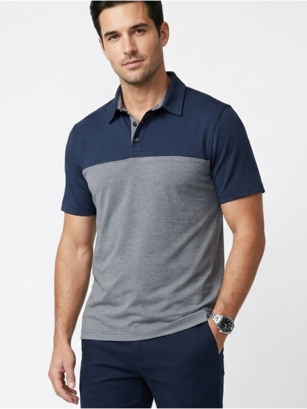 Haggar C18 Men's XL Golf Polo Shirt Colorblock Navy Blue Gray Short Sleeve 1836
